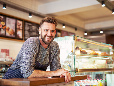 Buy stock photo Portrait of a proud business owner standing in his cafe