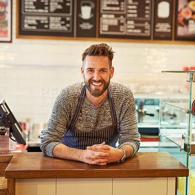 Buy stock photo Portrait of a proud business owner standing in his cafe