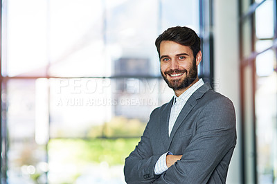Buy stock photo Portrait of a confident young businessman standing in a modern office