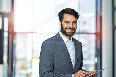 Buy stock photo Portrait, tablet and happy business man in office for research, work project or online in Germany. Face, digital tech and smile of professional entrepreneur, employee and corporate salesman in suit