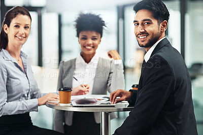 Buy stock photo Portrait, businessman and teamwork in workplace with pride for diversity, meeting and planning in office. Man, women and together for international company, startup and collaboration with workforce