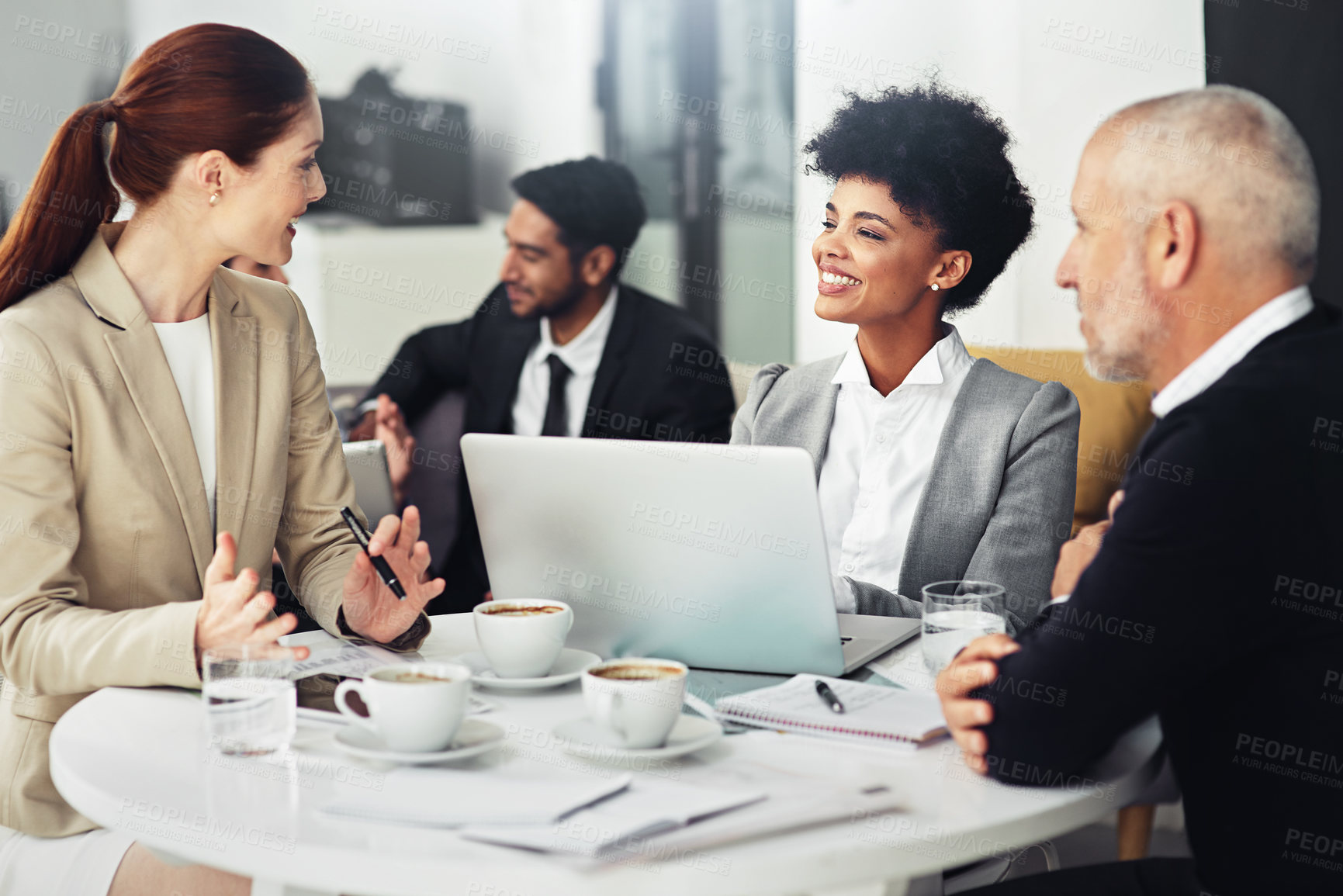 Buy stock photo Meeting, team and diversity in office for collaboration, planning and professional support with laptop. Businesspeople, discussion and brainstorming for development at table for communication