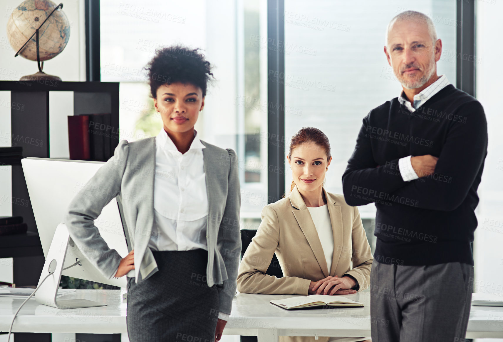 Buy stock photo Business, portrait and people in office at law firm for meeting on legal collaboration or consultation. Attorney, team and lawyer at desk with commitment to support human rights and justice in court