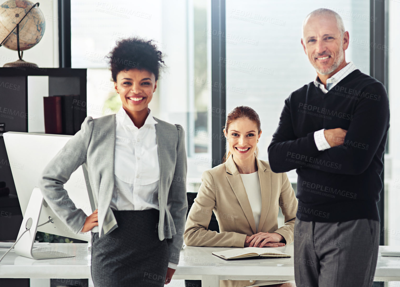 Buy stock photo Business, office and portrait people in law firm for meeting on legal collaboration or consultation. Attorney, team and lawyers at desk with commitment to support human rights and justice in court