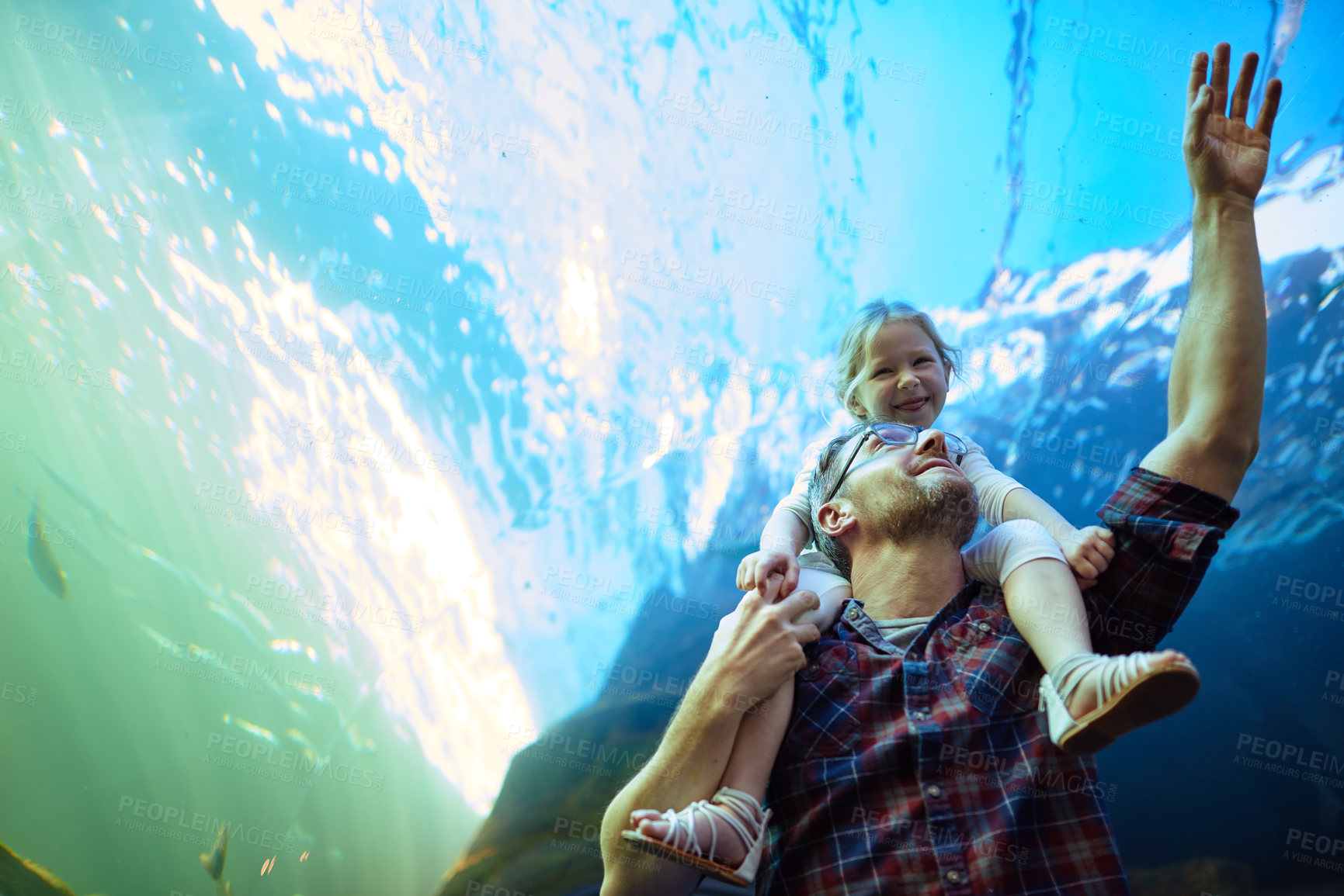 Buy stock photo Point, father and child with fish in aquarium for education experience, marine learning and environment study. Family, glass and below tank of sea animals, underwater development and bonding together