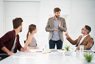 Buy stock photo Business team, discussion and meeting in office for strategy for project management, information and client feedback. Conversation, boardroom and creative ideas for collaboration on people task.