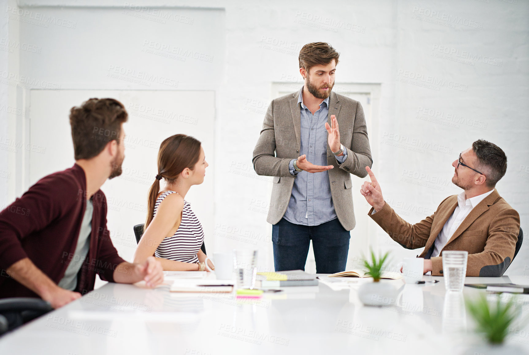 Buy stock photo Business team, discussion and meeting in office for strategy for project management, information and client feedback. Conversation, boardroom and creative ideas for collaboration on people task.