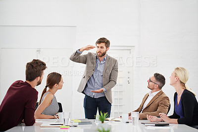 Buy stock photo Business, people and presentation in office or talking, creative and company growth conversation. Project, boardroom and meeting for teamwork with ideas, collaboration and together with presenter