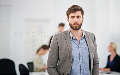 Buy stock photo Serious, seminar and portrait of businessman with pride for team building, meeting and presentation. Corporate, employee and conference at office convention for b2b ideas, workshop and networking
