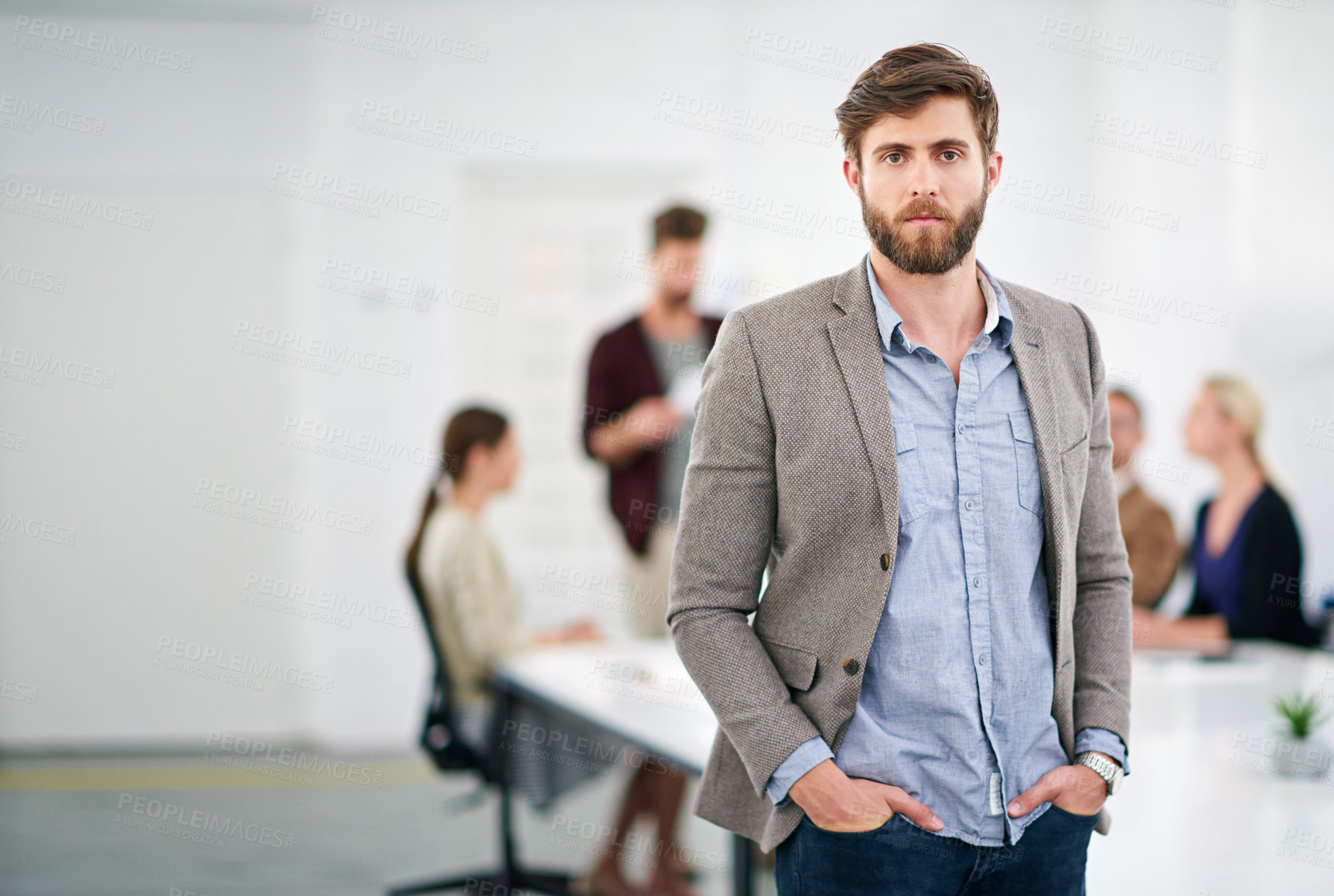 Buy stock photo Serious, meeting and portrait of businessman in office for team building, seminar and collaboration. Corporate, employee and career pride with workshop for b2b plan, company growth or partnership