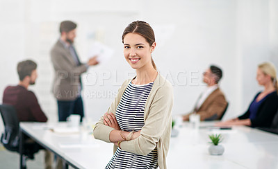Buy stock photo Meeting, girl and confident with portrait for designer career in media industry, broadcasting and content creation. Female employee, arms crossed and smile for creative agency job in multimedia.