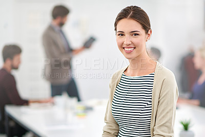 Buy stock photo Happy, designer and girl with portrait in office for career in media industry, broadcasting and content creation. Female employee, professional and face of creative agency in multimedia for startup.