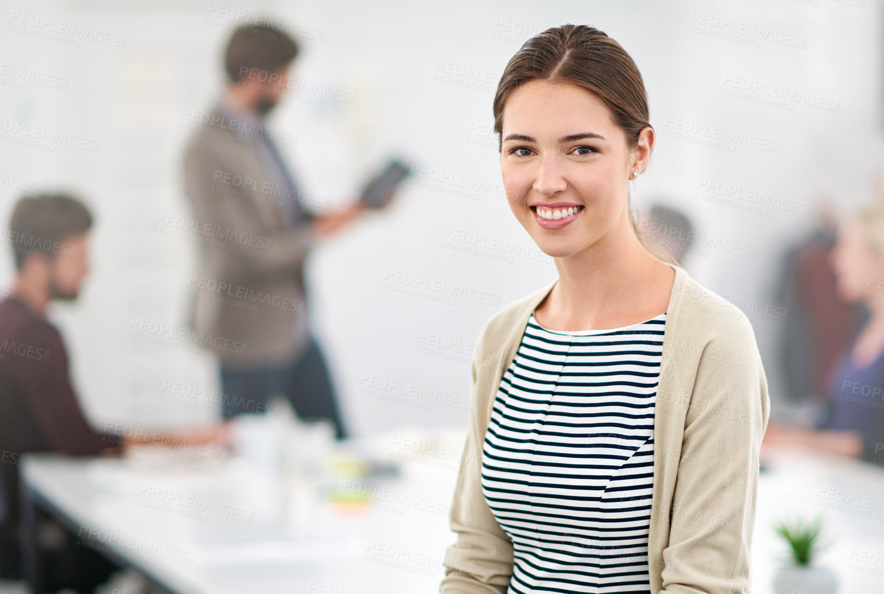 Buy stock photo Happy, designer and girl with portrait in office for career in media industry, broadcasting and content creation. Female employee, professional and face of creative agency in multimedia for startup.