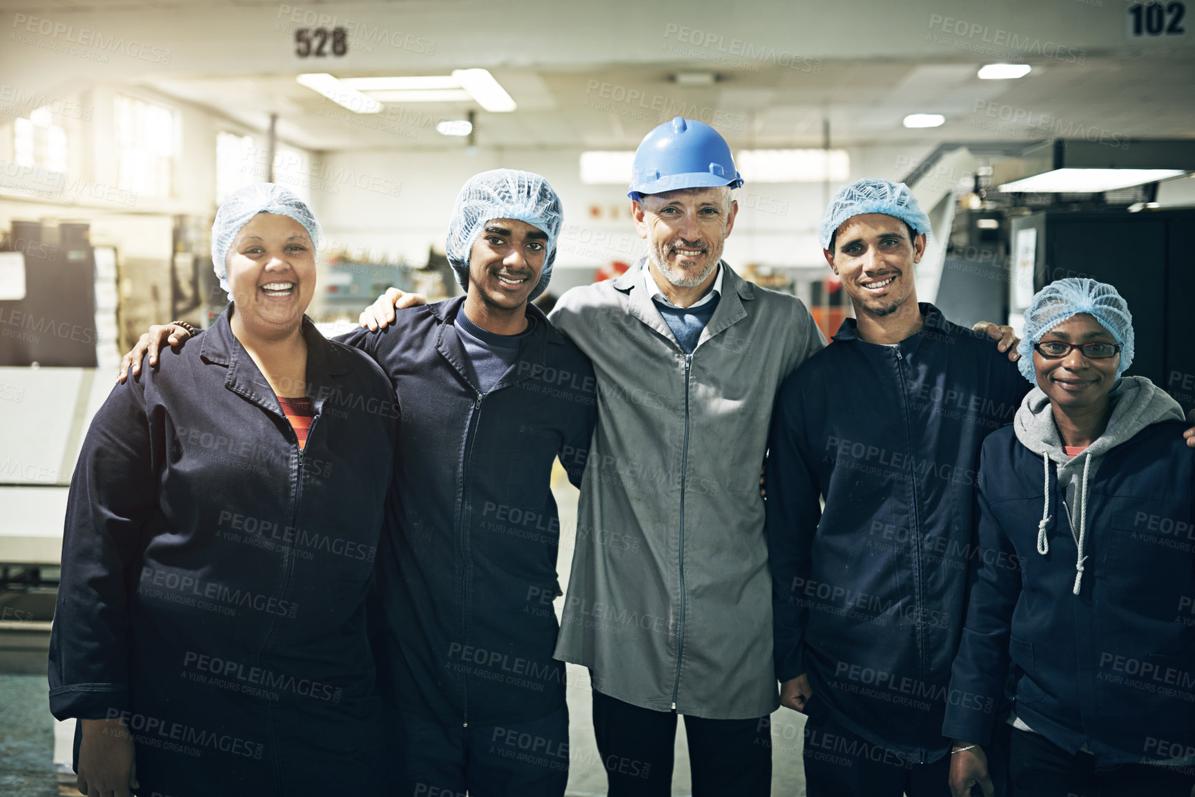 Buy stock photo Portrait, team or factory as teamwork, industry or manufacturing in safety, ppe or order fulfillment. Happy, manager or staff in workwear, industrial or trade at production plant by collaboration