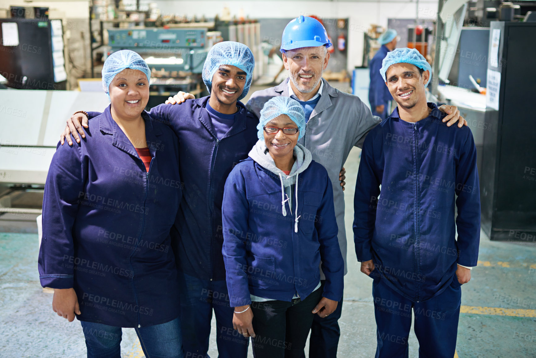 Buy stock photo Portrait, people or safety in manufacturing, industry or proud of team, building or collaboration. Manager, worker or teamwork in ppe, workwear or helmet as trade, trust or industrial overall on site