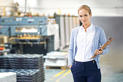 Buy stock photo Business, clipboard and woman in suit in warehouse with production, paperwork and administration. Portrait, female person and confident with stock or information capture in logistics company