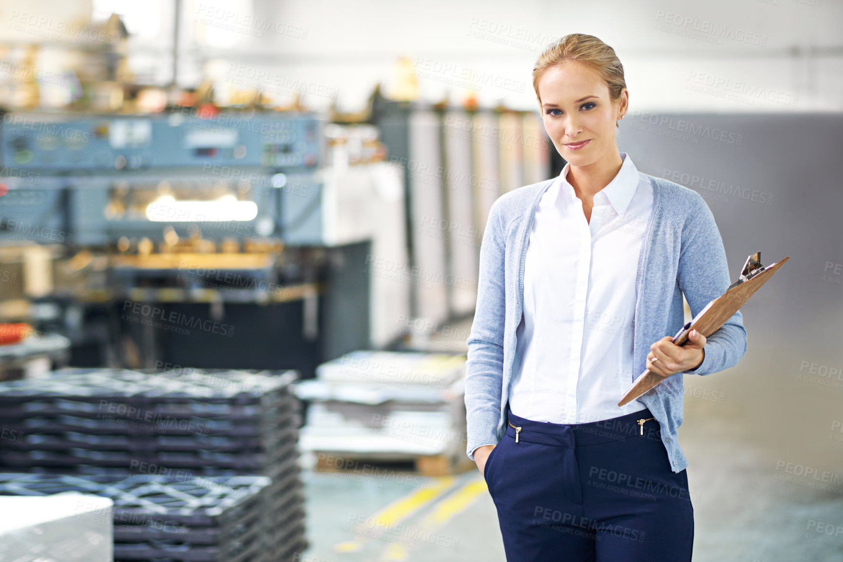 Buy stock photo Business, clipboard and woman in suit in warehouse with production, paperwork and administration. Portrait, female person and confident with stock or information capture in logistics company