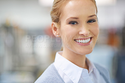 Buy stock photo Woman, psychologist and confidence with smile in portrait at workplace, professional or closeup or happy. Female, doctor or counsellor with career, working or job at practice or therapist in Toronto