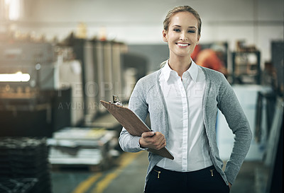 Buy stock photo Woman, manufacturer and happy at factory or warehouse with clipboard for paperwork and administration. Portrait, female person and smile for data or information capture in logistics company.