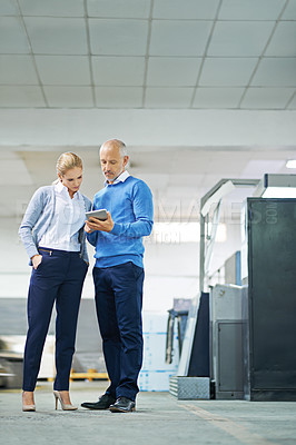 Buy stock photo Mature, man and person with tablet in factory for production monitoring, inventory or order management and inspection. Team, digital tech and warehouse for printing material and distribution industry