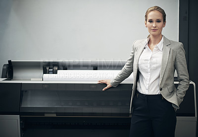 Buy stock photo Business, woman and portrait with printing machine in factory for manufacturing or distribution of paper. Female person, warehouse and printer equipment for creative industry or sector and career