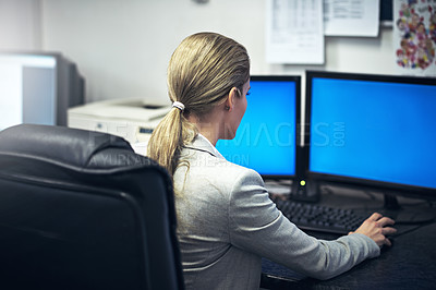 Buy stock photo Business, woman and office for work on computer for career in corporate administration for company. Female person, back view and pc with internet for online information for developing and operations.