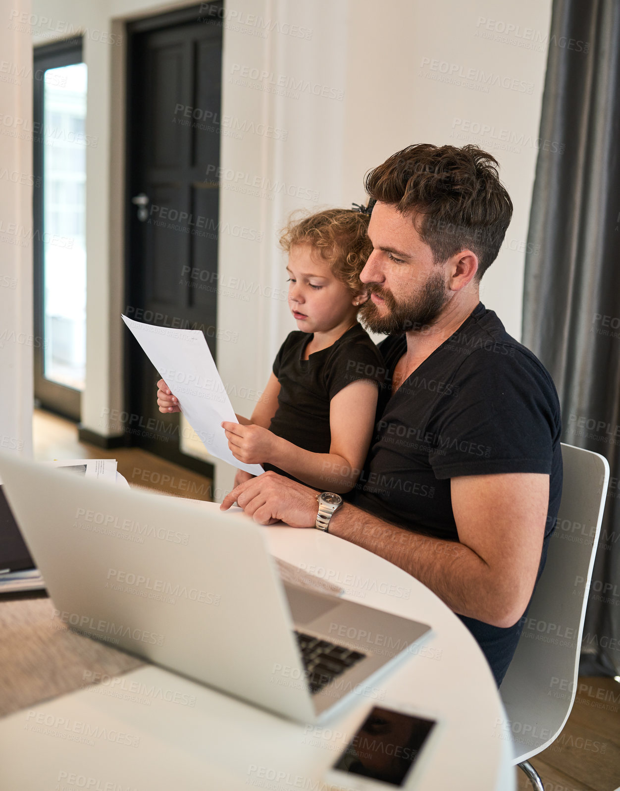 Buy stock photo Weekend, father and daughter reading paper, laptop and documents for publishing and contract. Home, dad and girl together, bonding and relax in apartment with desk, love and care by man for child 