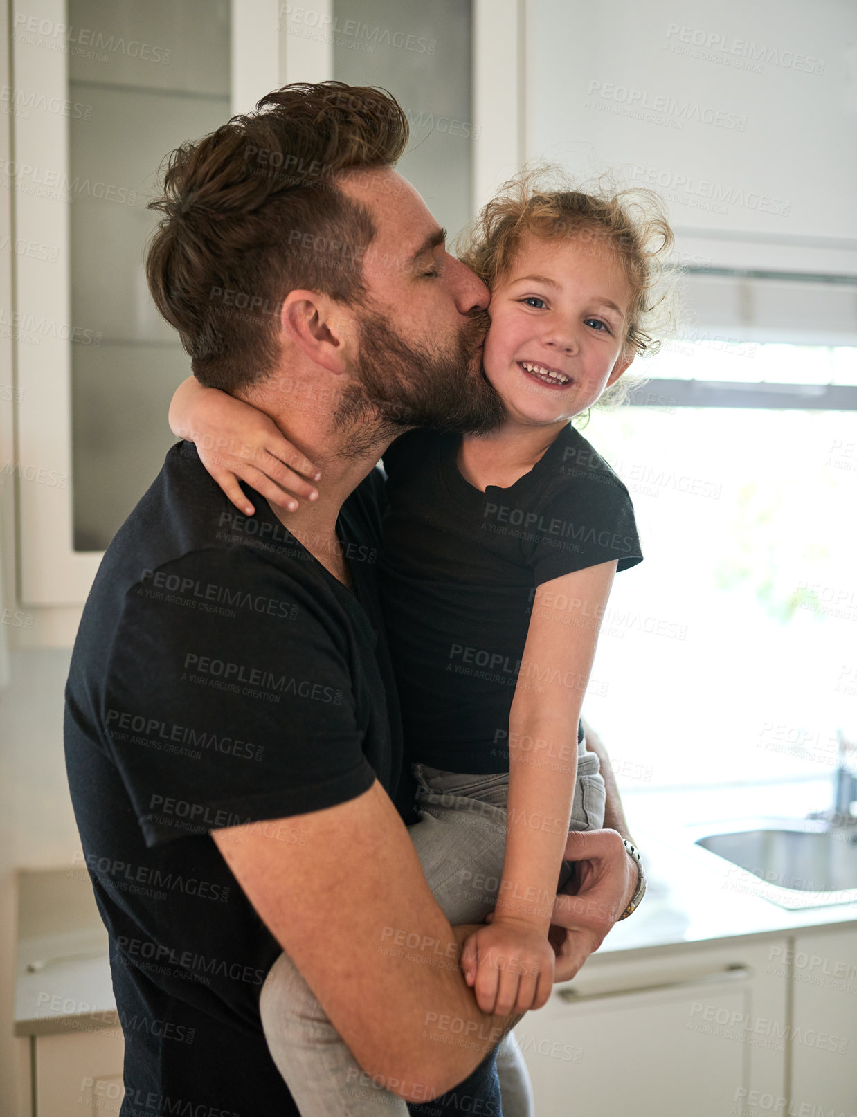 Buy stock photo Home, father and girl with kiss, portrait and bonding in weekend, break and together with love and happiness. Apartment, dad and daughter with joy, cute and adorable child with parent in house
