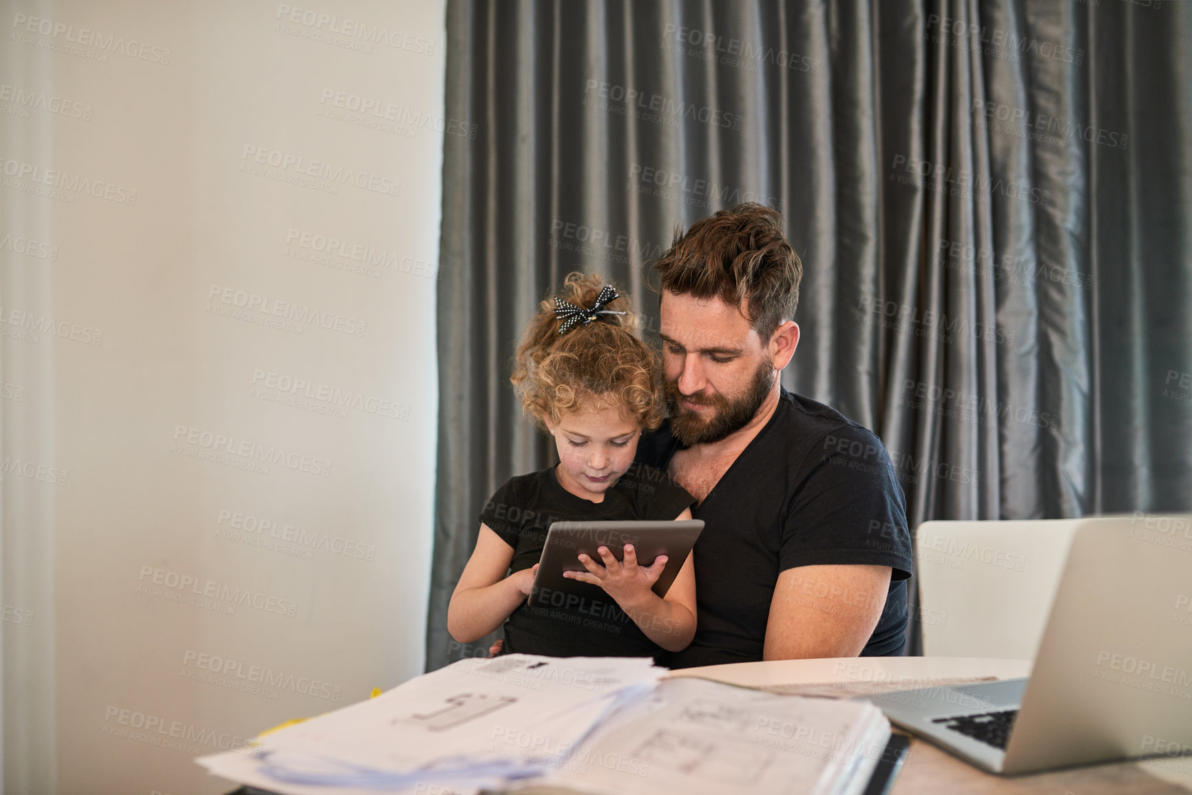 Buy stock photo Weekend, father and daughter reading tablet, laptop and documents for publishing and contract. Home, dad and girl together, bonding and relax in apartment with desk, love and care by man for child