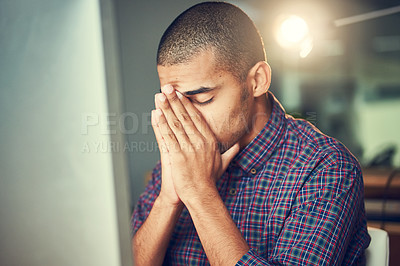 Buy stock photo Night, business and man with headache, burnout or graphic designer with fatigue, stress and overworked. Person, evening or employee with pc or migraine with pain or with brain fog, exhausted or tired
