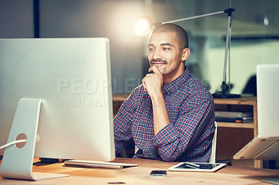 Buy stock photo Thinking, computer and business man in office for idea, planning or problem solving at night on deadline. Pc, inspiration and creative professional with decision or solution of designer in startup