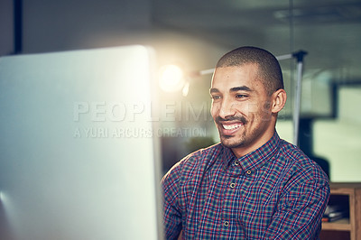 Buy stock photo Night, business and man with computer, professional and tech with internet and email with good news. Person, employee and graphic designer with pc, feedback and online reading for performance review