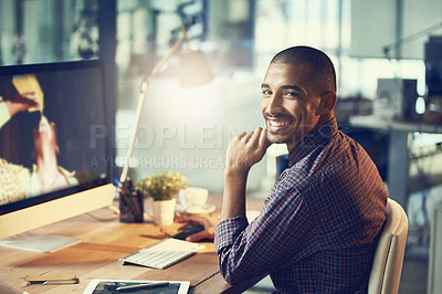 Buy stock photo Man, portrait and night at office with smile, software developer with programming deadline and computer at desk. IT, working late with productivity and company server upgrade with tech at startup