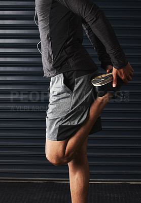 Buy stock photo Fitness, legs and stretching with sports person getting ready for cardio or health workout at gym. Exercise, training and warm up with athlete in preparation for marathon, performance or running