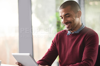 Buy stock photo Office, smile and man with tablet reading website review, online report or article for business opportunity. Networking, communication and businessman at desk with digital app checking email on web