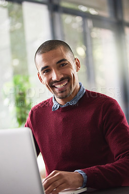 Buy stock photo Office, portrait and happy man with laptop, website review or online report for business opportunity. Networking, communication and businessman at desk with computer, smile and checking email on web