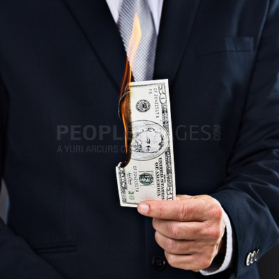 Buy stock photo Person, hand and burn money notes as entrepreneur for wealth, rich and corruption of economy. American dollar, paper or cash with business inflation, finances and bankruptcy with currency rate