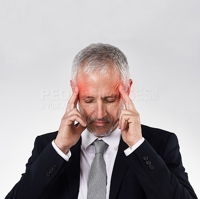 Buy stock photo Stress, headache and mature businessman in studio for vertigo, pain or burnout on white background. Anxiety, brain fog or executive frustrated with migraine, glow or temple massage for dizzy disaster