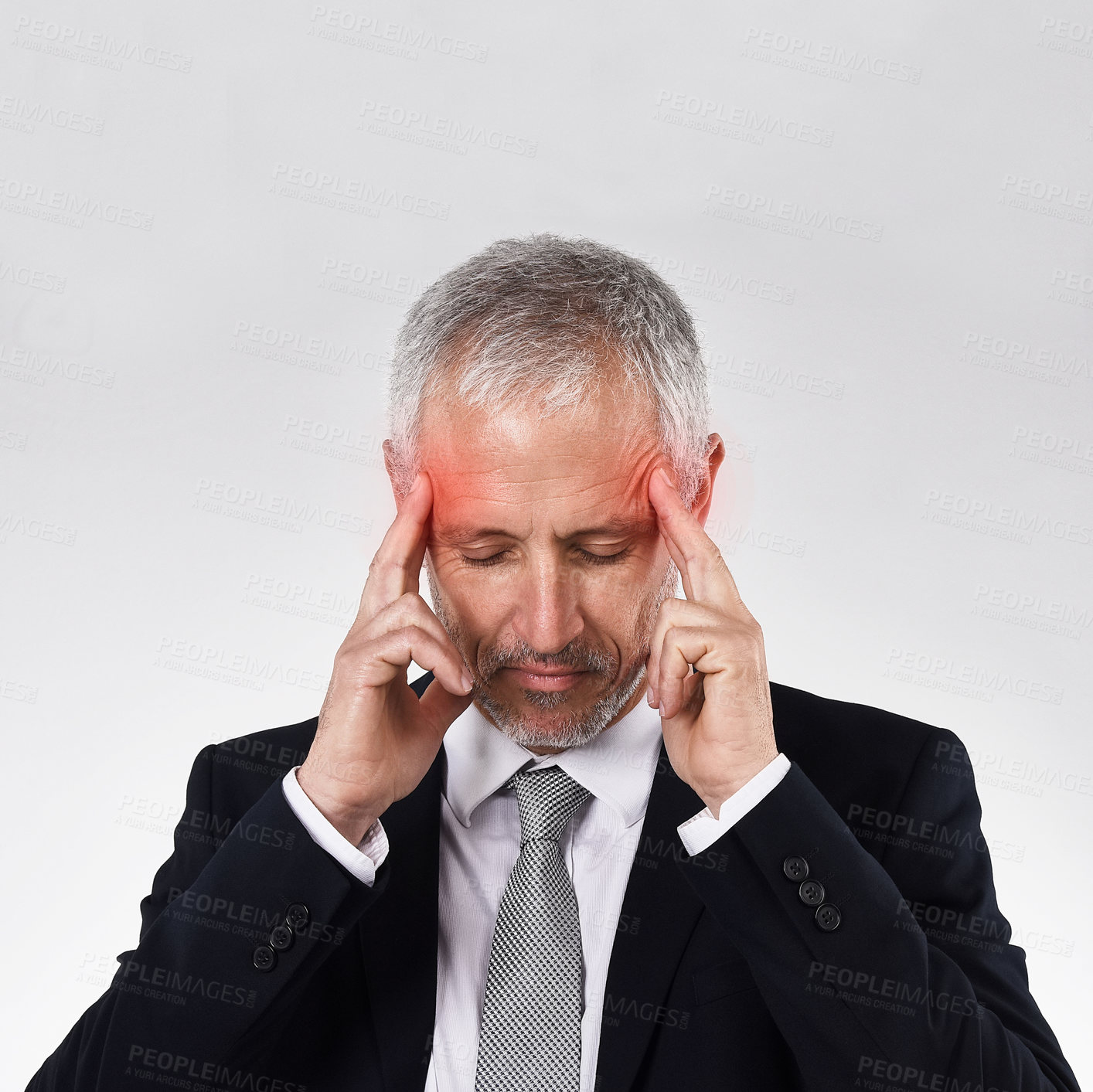 Buy stock photo Stress, headache and mature businessman in studio for vertigo, pain or burnout on white background. Anxiety, brain fog or executive frustrated with migraine, glow or temple massage for dizzy disaster