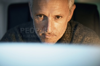 Buy stock photo Night, research and mature man with computer reading website review, online report or article for business opportunity. Networking, communication and businessman at desk checking email in dark office