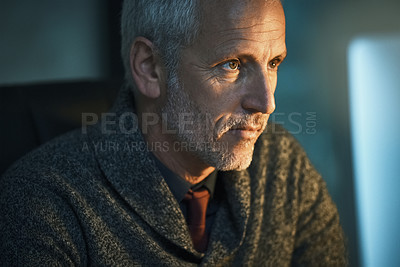 Buy stock photo Night, search and mature man with computer reading website review, online report or article for business opportunity. Networking, communication and businessman at desk checking email in dark office
