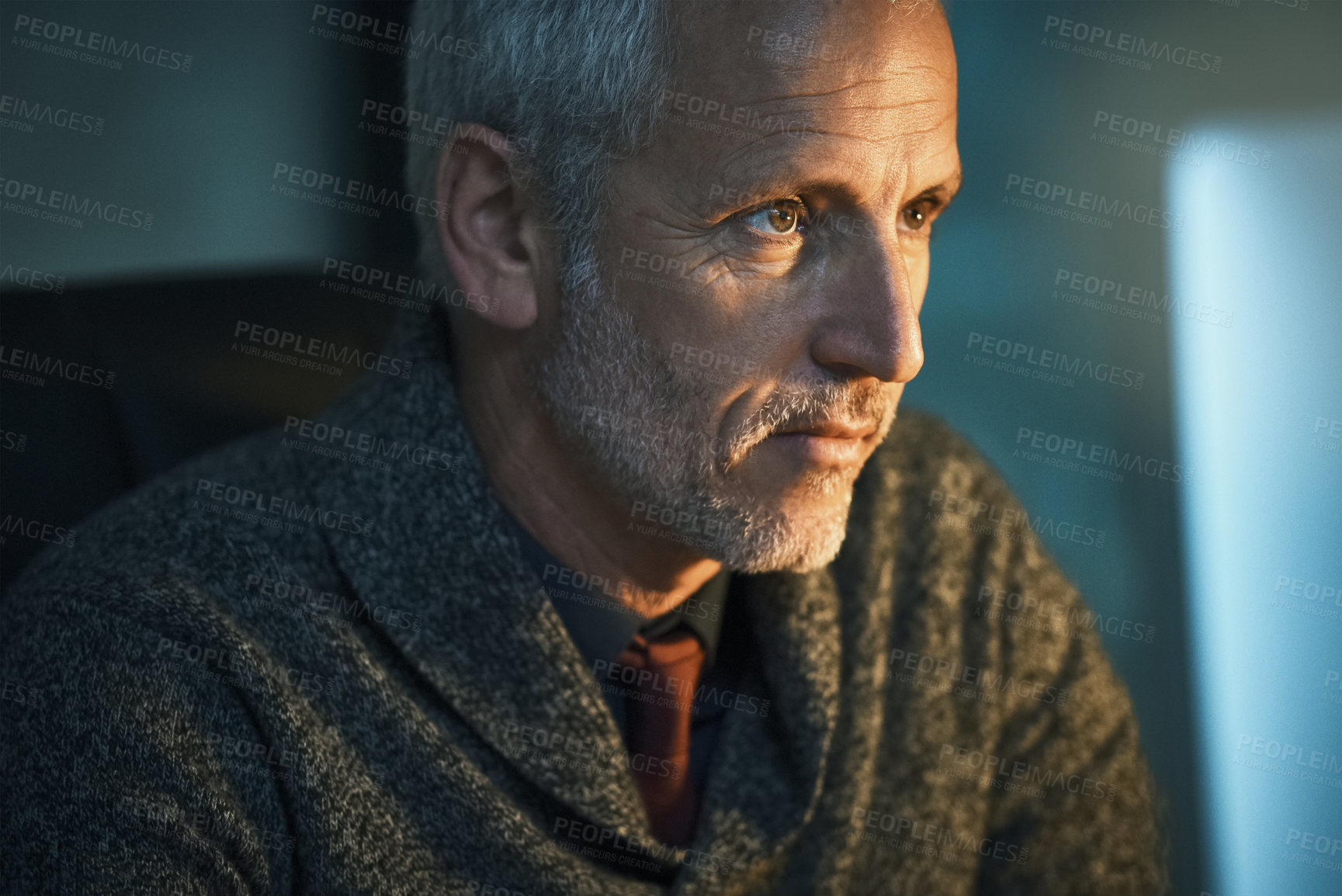 Buy stock photo Night, search and mature man with computer reading website review, online report or article for business opportunity. Networking, communication and businessman at desk checking email in dark office