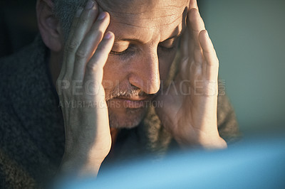 Buy stock photo Headache, stress and mature man with depression, pain anxiety due to burnout in the dark feeling sad. Night, mistake or fail by depressed or frustrated person working overtime in an office