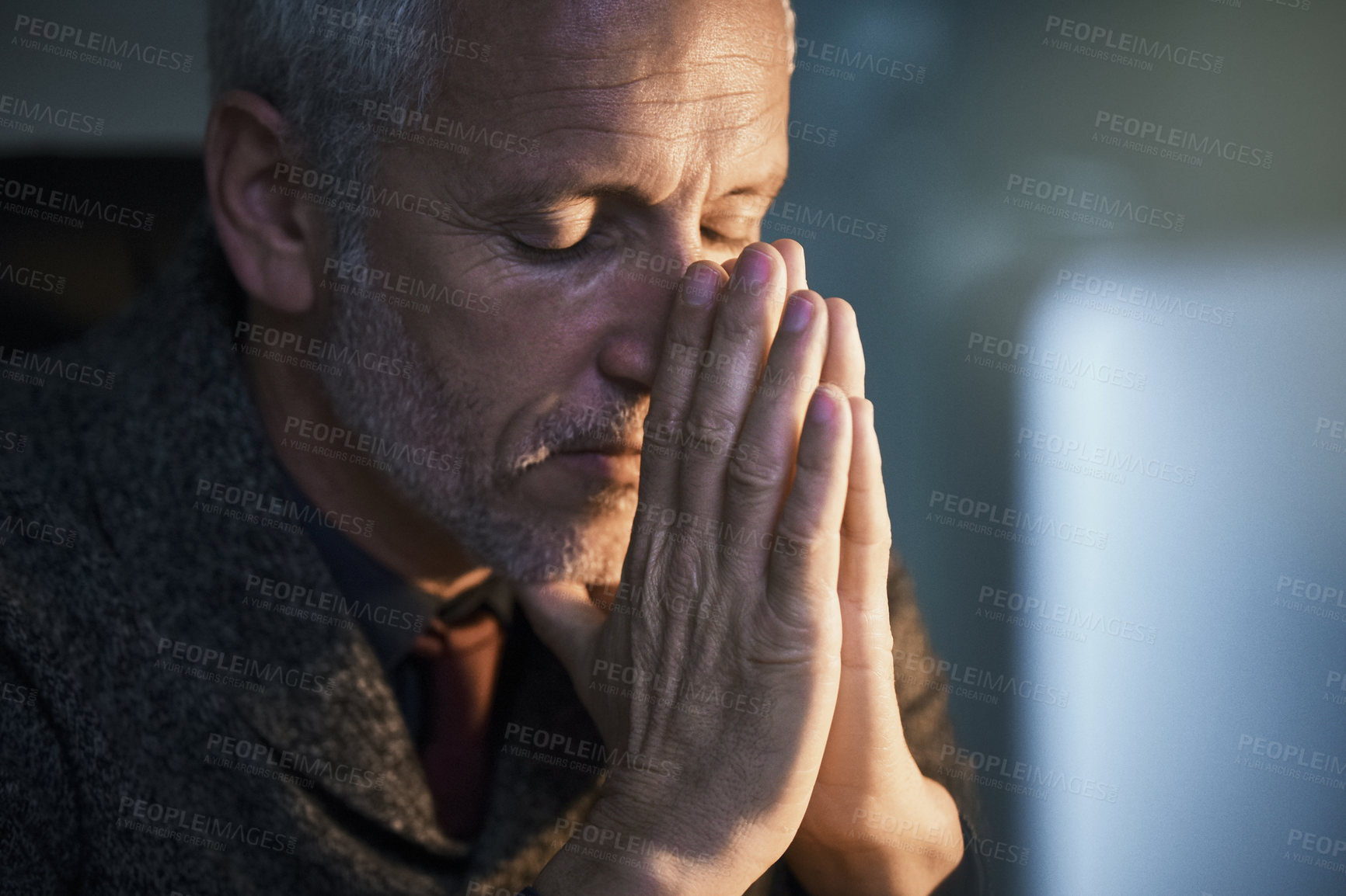 Buy stock photo Headache, sad and mature businessman with depression, pain anxiety due to burnout, debt and mental health. Night, pray and mistake or fail by frustrated person working in an office facing bankruptcy