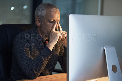 Buy stock photo Night, office and stress headache by senior man on computer with problem crisis or internet glitch. Migraine, burnout and frustrated elderly male person working late on deadline, 404 or business fail