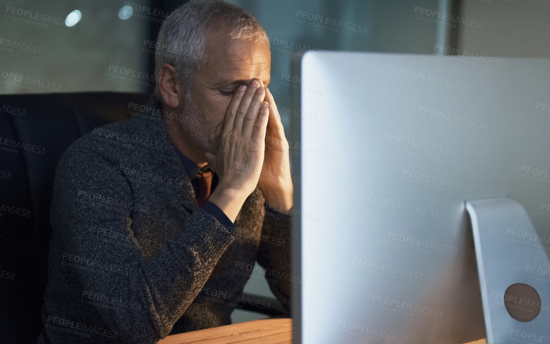 Buy stock photo Office, night and stress headache by senior man on computer with problem crisis or internet glitch. Migraine, burnout and frustrated elderly male person working late on deadline, 404 or business fail