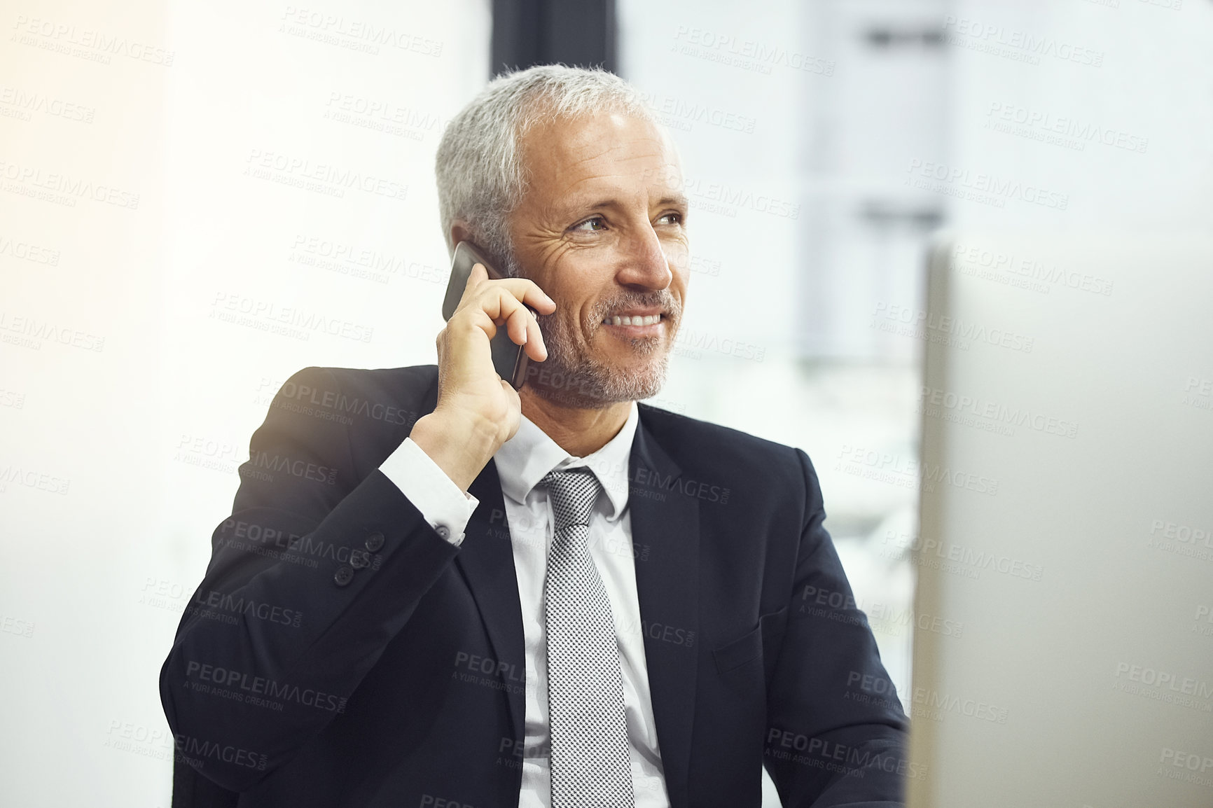 Buy stock photo Mature man, happy and cellphone for phone call in office as lawyer for conversation with client at law firm. Satisfied, entrepreneur and smile with discussion for connection, networking and business