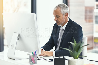 Buy stock photo Mature man, office and typing on computer for internet research, online and information as lawyer. Entrepreneur, pc and write email for connection, networking and legal advice or company growth