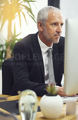 Buy stock photo Desktop, thinking and mature man serious at desk in office for corporate company, solution and planning with tech. Businessman, management or computer with research, email or problem solving as ceo