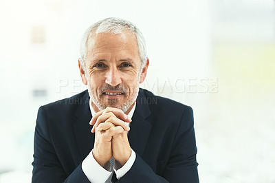 Buy stock photo Portrait, smile and senior man in office happy, confident and empowered on white background. Face, confidence and elderly male CEO cheerful at desk, proud and satisfied with his corporate career